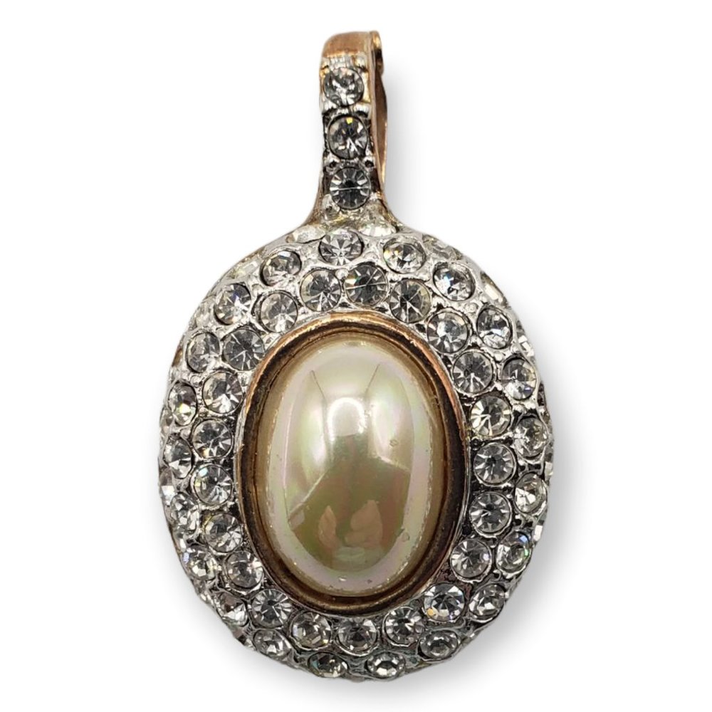Roman Vintage pendant faux pearl 3 rows of rhinestones gold tone clip closure - Picture 4 of 7